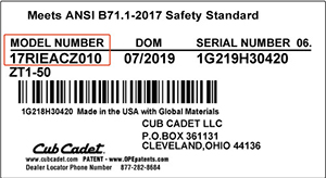 Example Cub Cadet product identification label