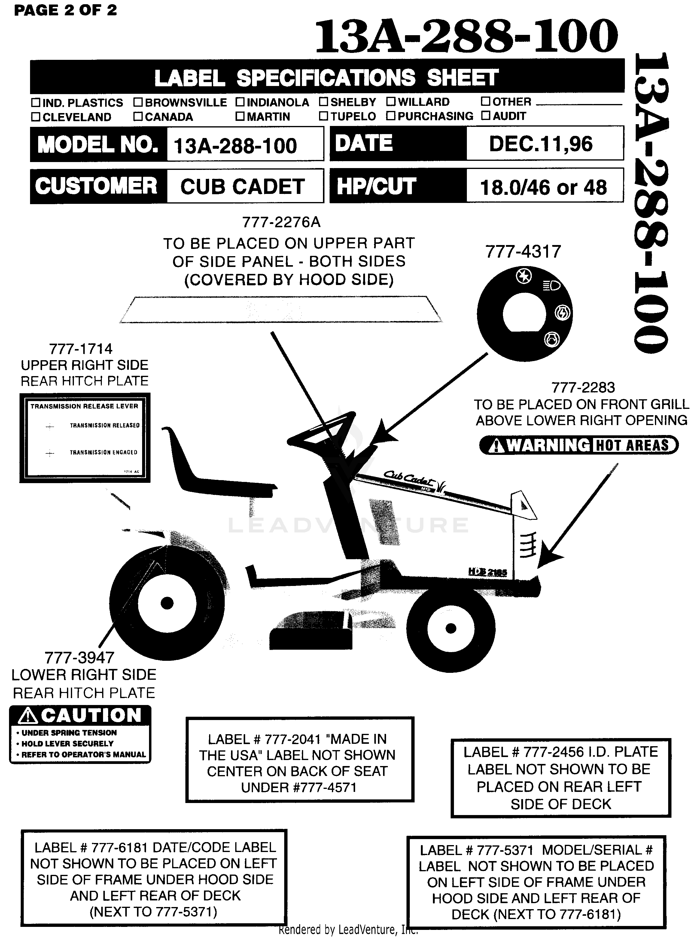 2185 Tractor S/N 326,006 - 389,000 & 1I017G - 1I310G (136-288-100) (13A-288-100)